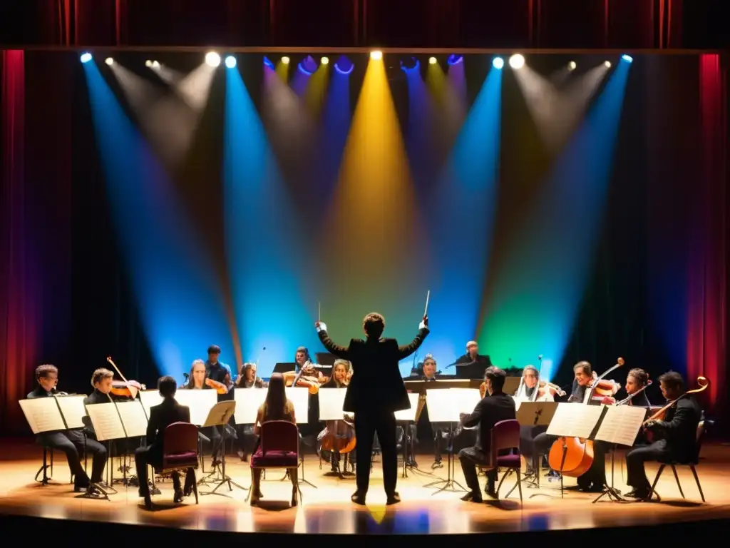 Un grupo de jóvenes músicos se prepara para actuar en un escenario, iluminados por luces de colores en una sala de conciertos