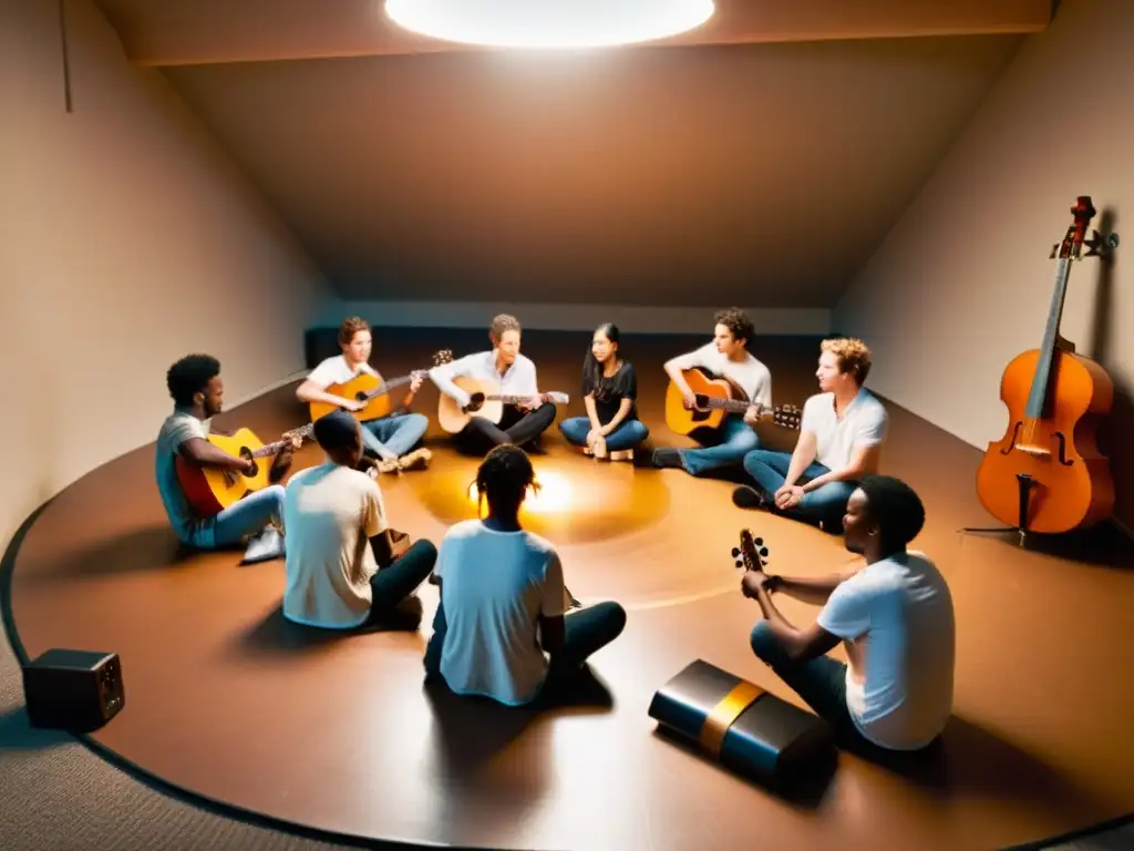 Un grupo de jóvenes músicos se reúne en un estudio, rodeados de instrumentos, en una intensa discusión