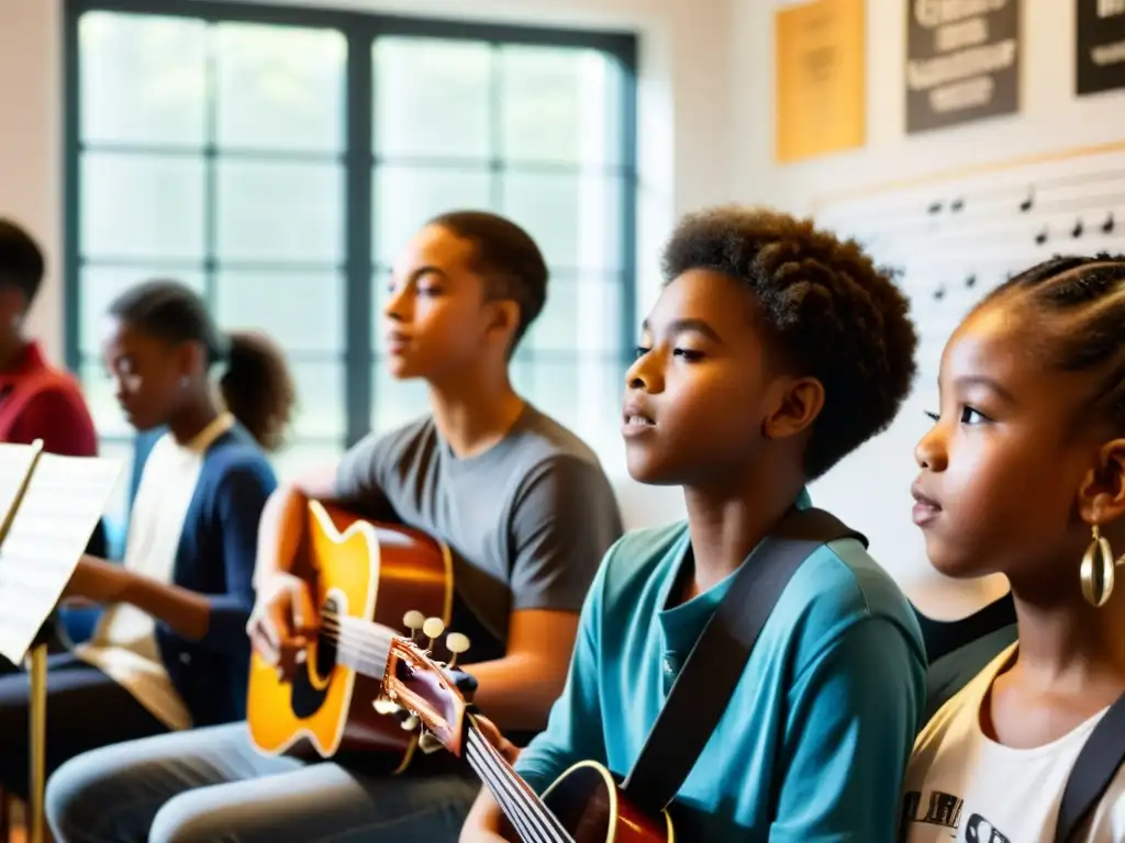 Un grupo de jóvenes músicos participando con pasión en un taller de música, inmersos en un ambiente creativo y de aprendizaje