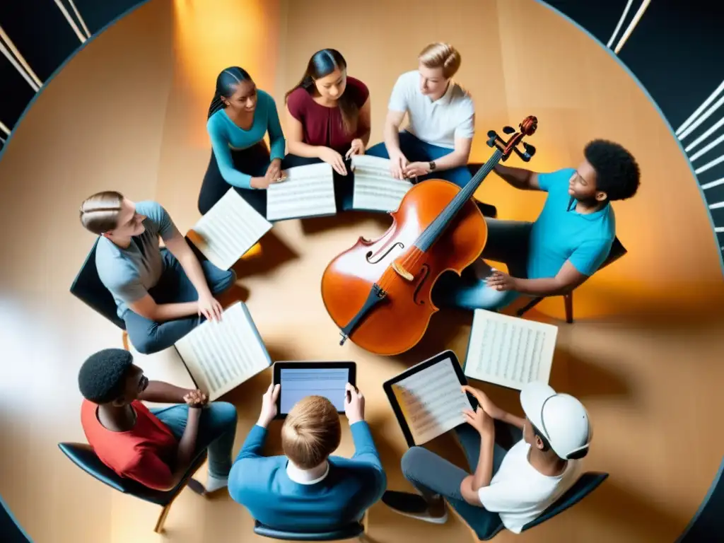 Un grupo de jóvenes músicos colaborando con tecnología digital en un enfoque educativo de música de cámara