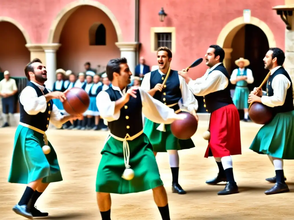 Grupo de jugadores de tamburello en trajes tradicionales italianos, concentrados y habilidosos en un patio histórico