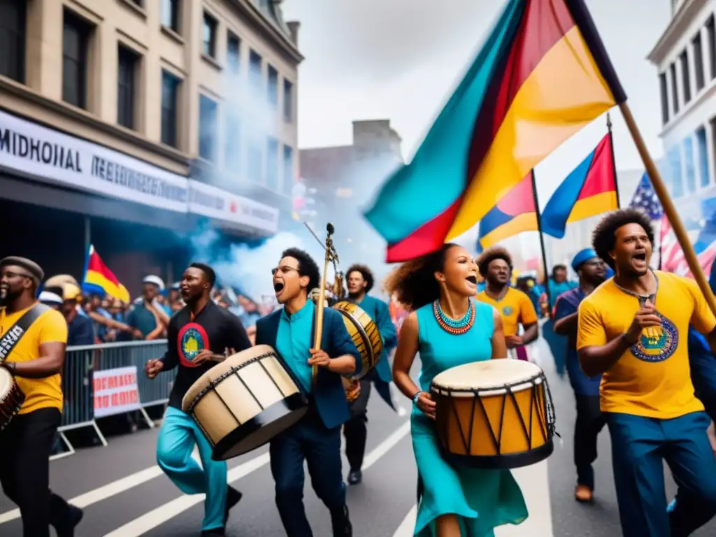 Grupo de manifestantes tocando instrumentos emblemáticos en marcha por la calle, con banderas ondeando al fondo