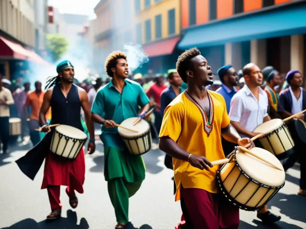 Grupo de manifestantes tocando instrumentos emblemáticos en una vibrante protesta callejera, mostrando la música como herramienta de resistencia en movimiento social