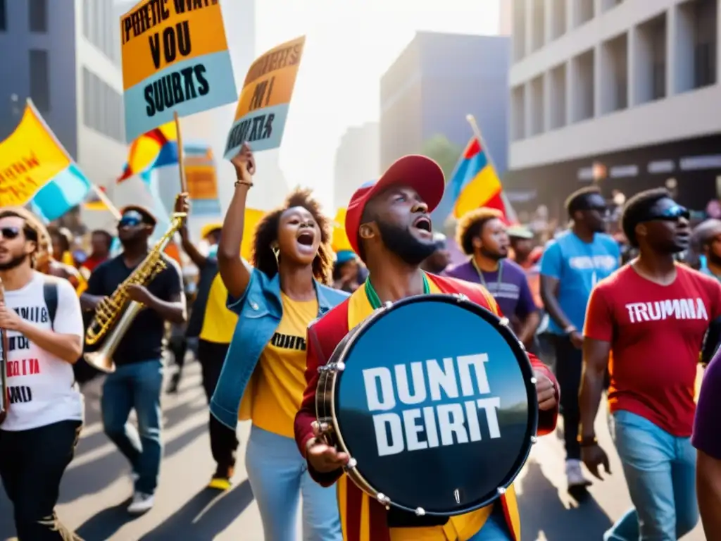 Un grupo de manifestantes con instrumentos musicales como expresión política, marchando por la calle con pasión y determinación