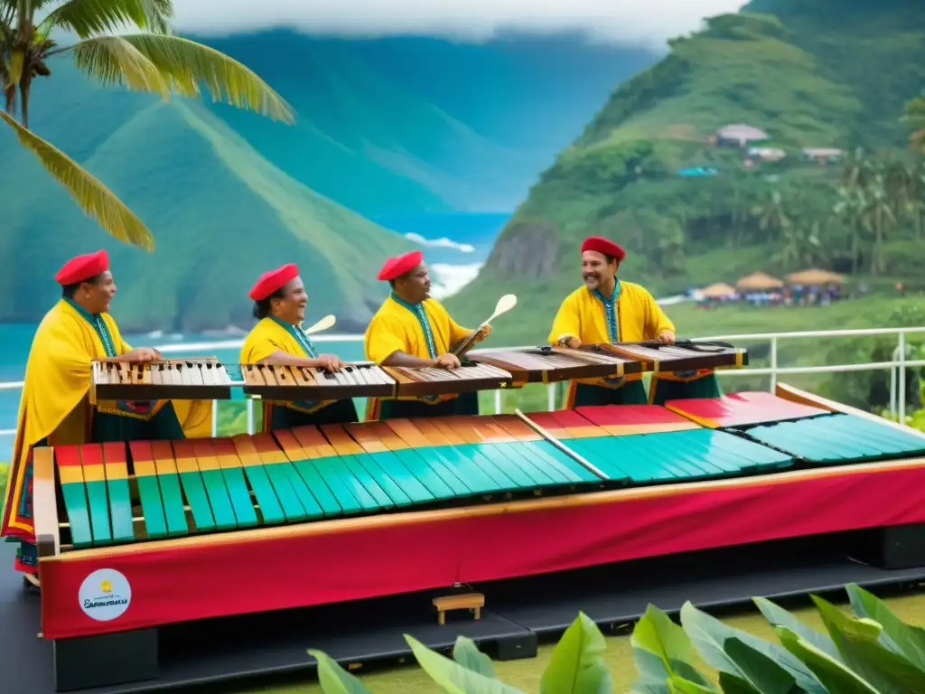 Grupo de marimba tradicional en el Festival de Música del Pacífico en Colombia, con vestimenta colorida y pasión musical