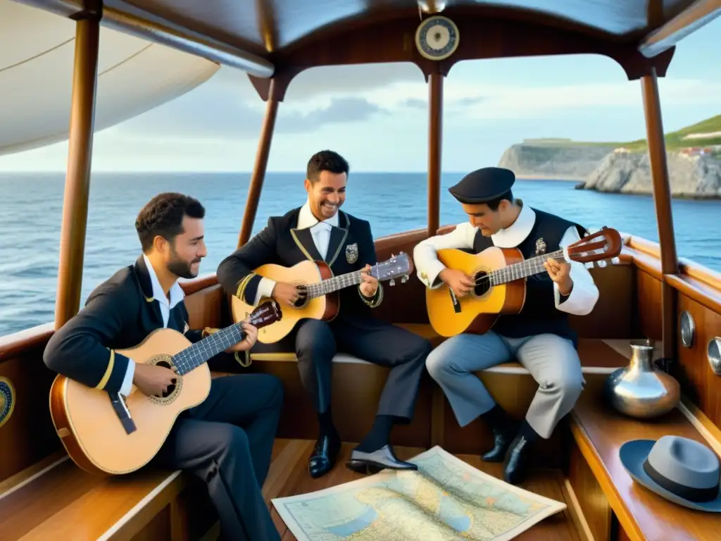 Grupo de marineros portugueses tocando el ukelele en la cubierta de un barco, evocando la historia del ukelele en Hawái