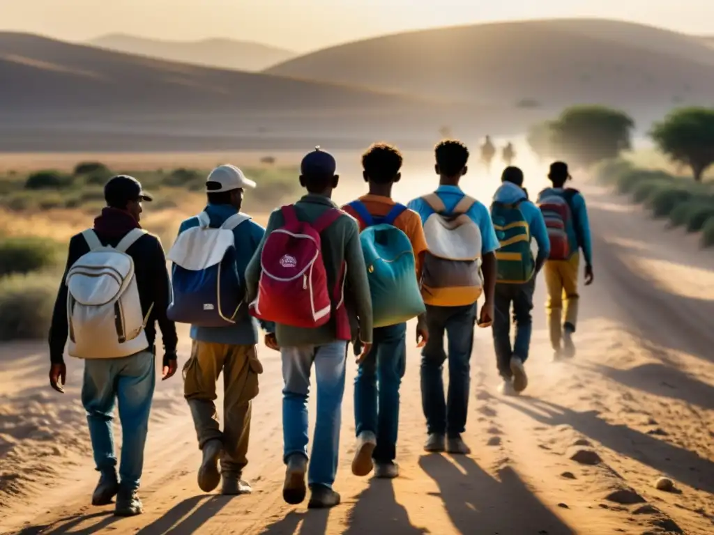 Un grupo de migrantes camina por un camino polvoriento, llevando sus pertenencias en la espalda mientras avanzan hacia el horizonte