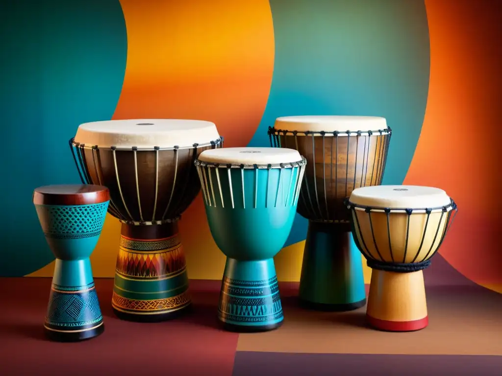 Grupo de modernos instrumentos de percusión africana en una composición dinámica y cálida