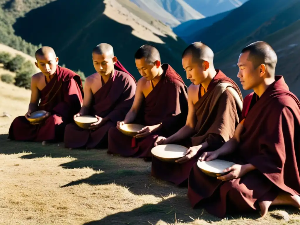 Un grupo de monjes tibetanos en una dramática situación del Damaru tibetano, realizando un ritual meditativo en la majestuosa cordillera del Himalaya