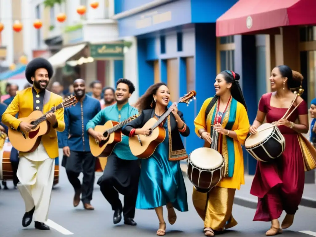 Grupo multicultural de músicos tocando en la calle, fusionando estilos en una vibrante ciudad