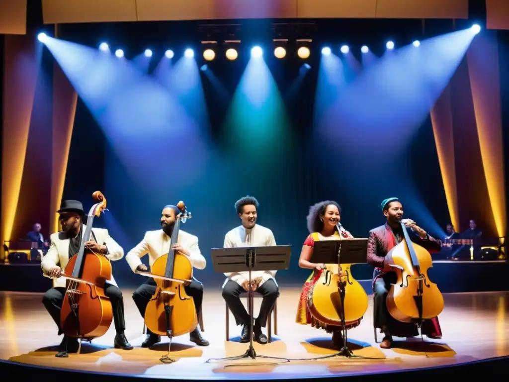 Grupo multicultural de músicos interpretando fusiones musicales como puente cultural