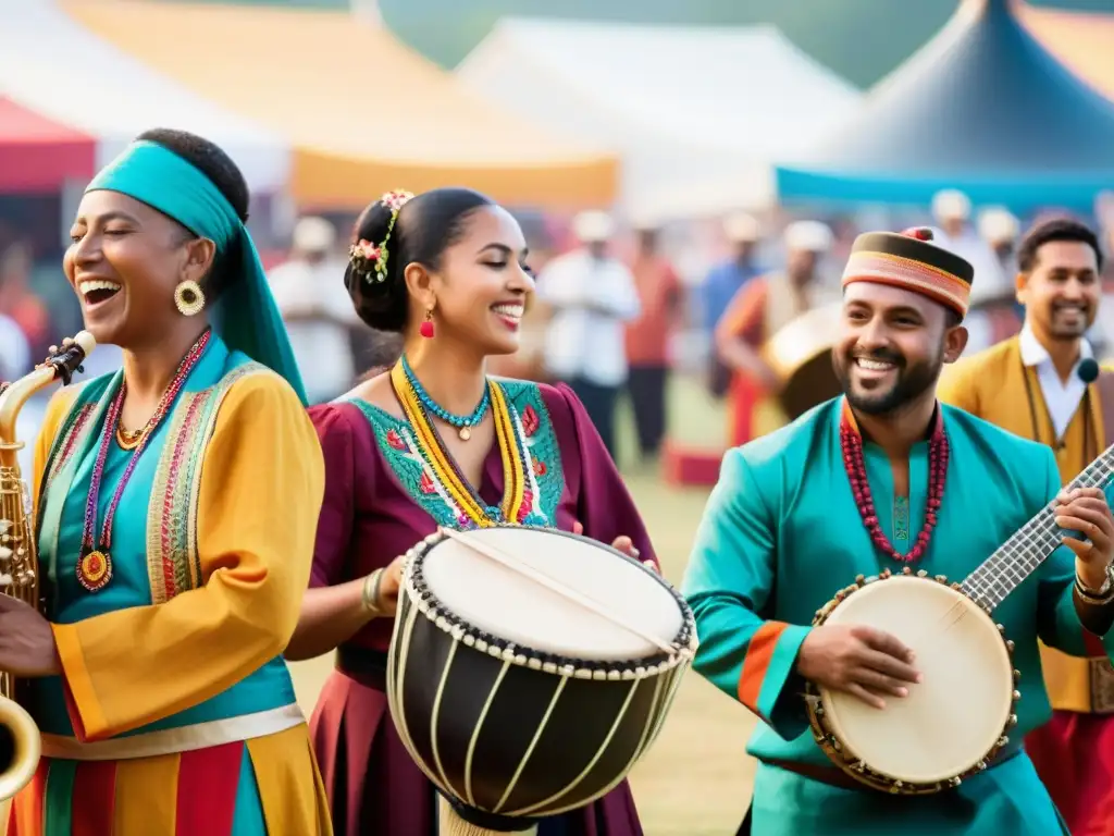 Grupo multicultural de músicos tocando instrumentos musicales del siglo XX en un vibrante festival de música