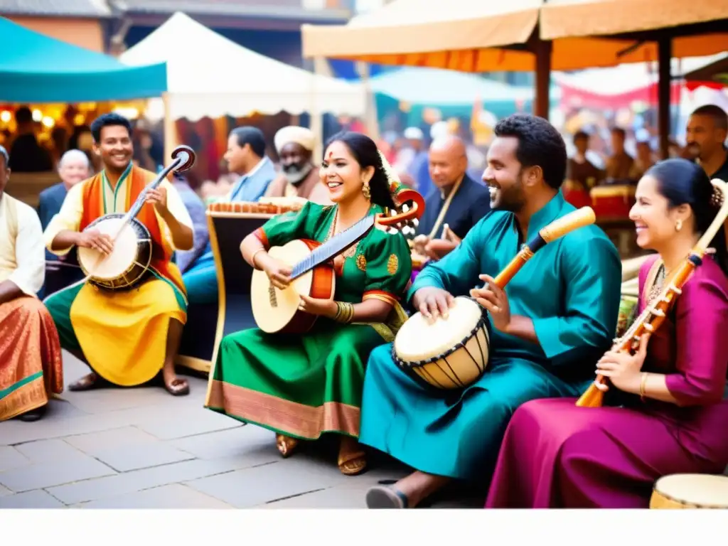 Grupo multicultural de músicos tocando instrumentos tradicionales en mercado animado, simbolizando la globalización y mezcla de géneros musicales