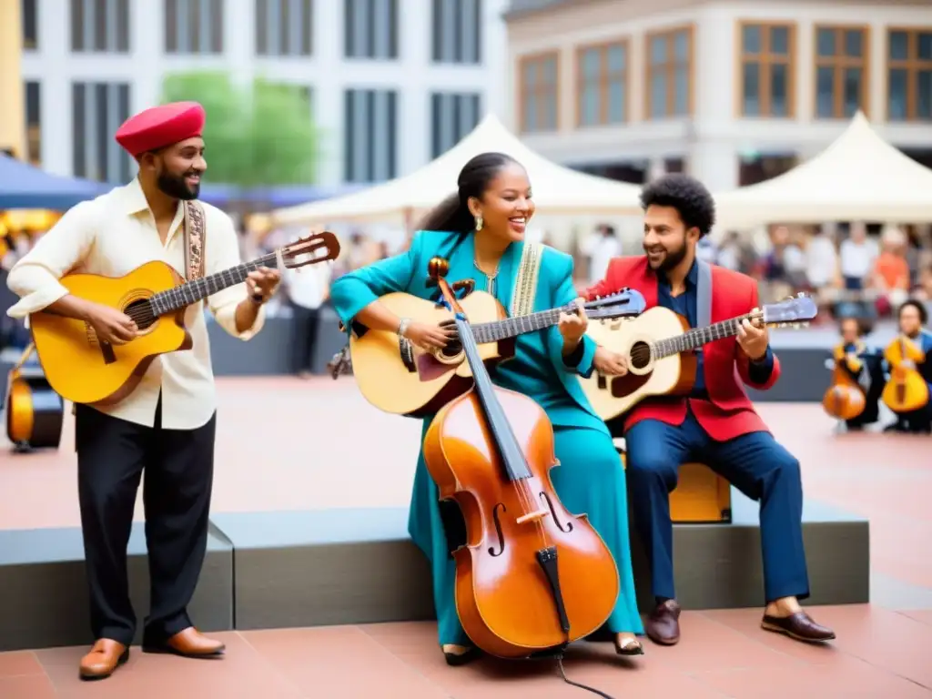 Grupo multicultural de músicos tocando instrumentos variados en una animada plaza de ciudad, con espectadores de todas las edades y etnias disfrutando de la música