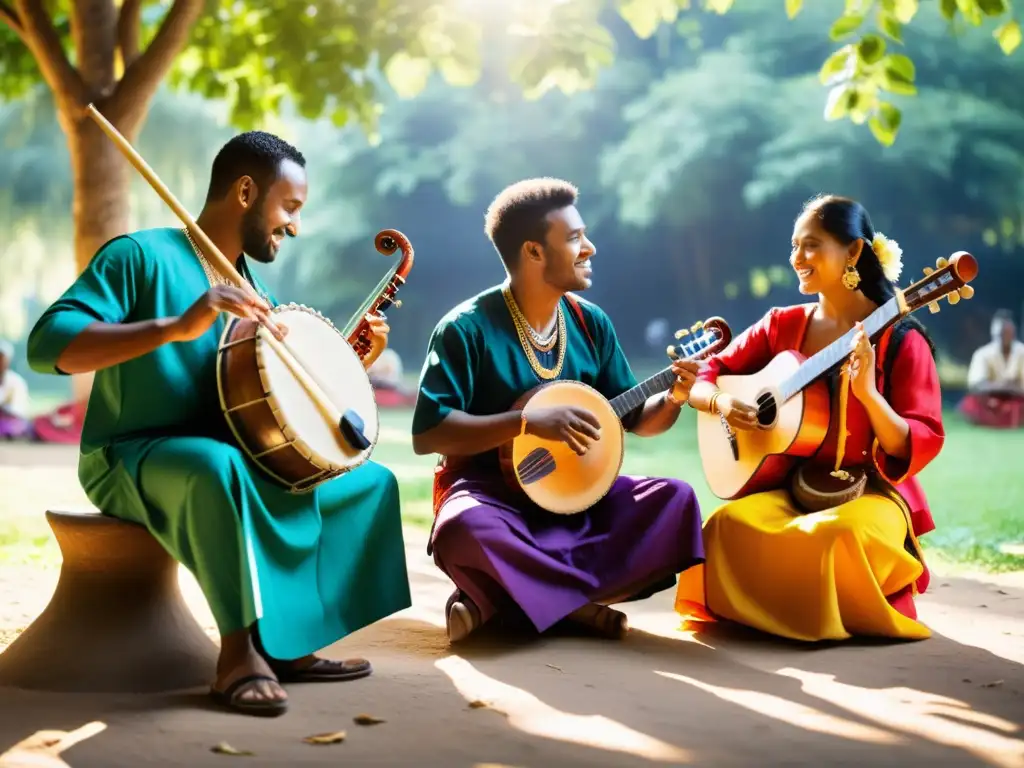 Grupo multicultural de músicos tocando instrumentos tradicionales al aire libre, mostrando la influencia diáspora dispersión instrumentos musicales