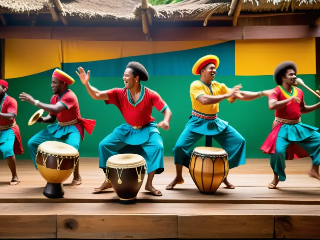 Un grupo de música afrocolombiana en tarima, con músicos y bailarines, capturando la energía y espiritualidad de la tradición