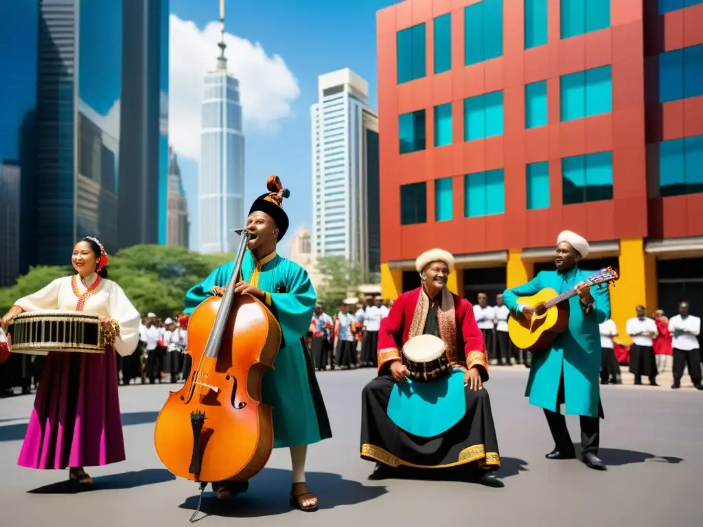 Grupo musical tradicional en ambiente urbano globalizado fusionando estilos musicales