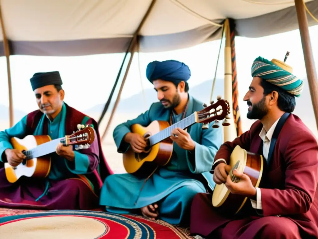 Grupo de músicos afganos tocando instrumentos en el Festival de Música Tradicional de Kabul, con vestimenta colorida y expresiones dedicadas