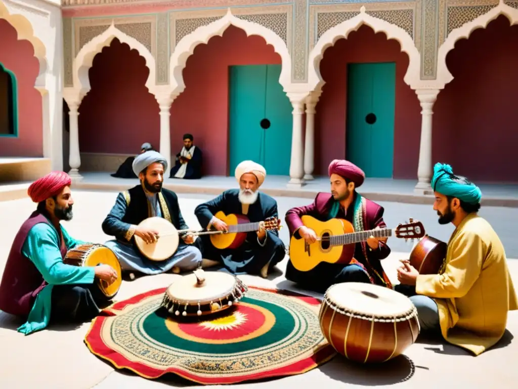 Grupo músicos afganos en festival música tradicional Kabul, tocando rebab y tabla, rodeados de colores y alma