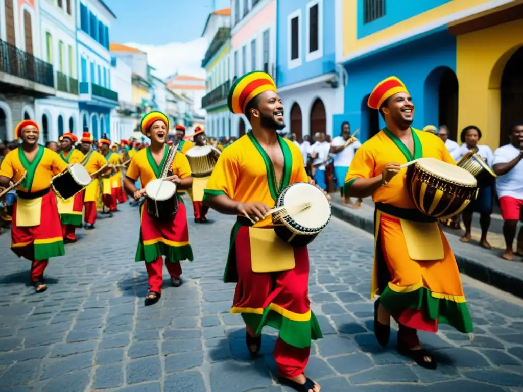 Grupo de músicos tocando afoxé en las calles de Salvador, Brasil, con trajes coloridos y concentración intensa en sus rostros