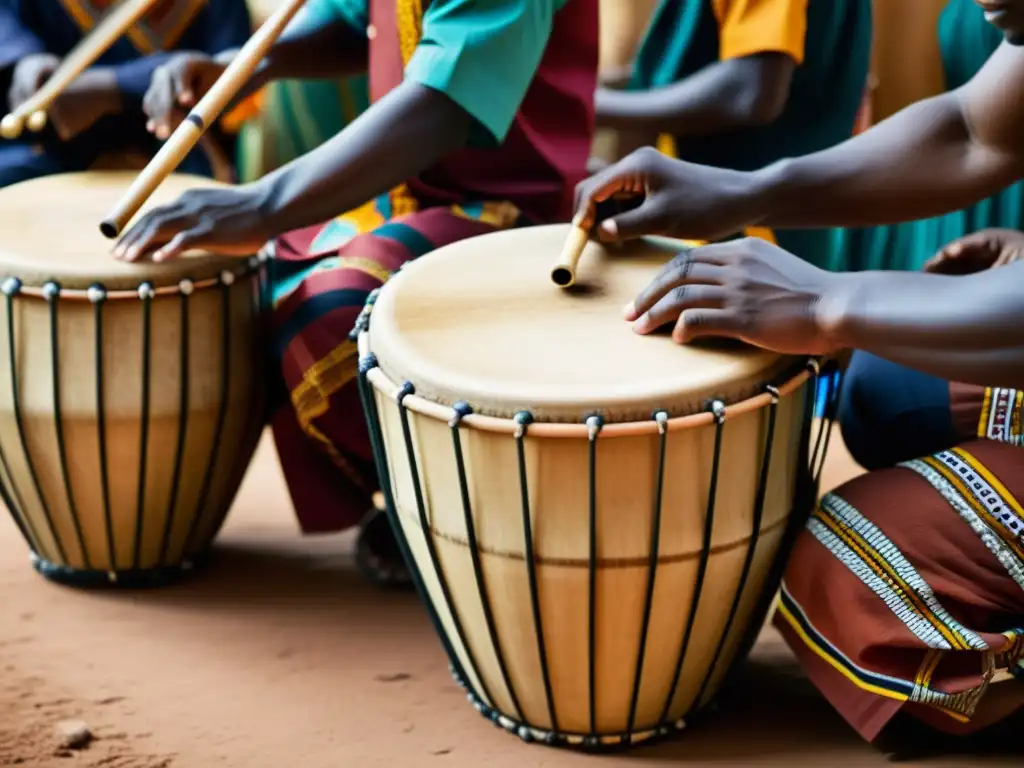 Un grupo de músicos toca música africana tradicional con un enfoque en el tambor ashiko