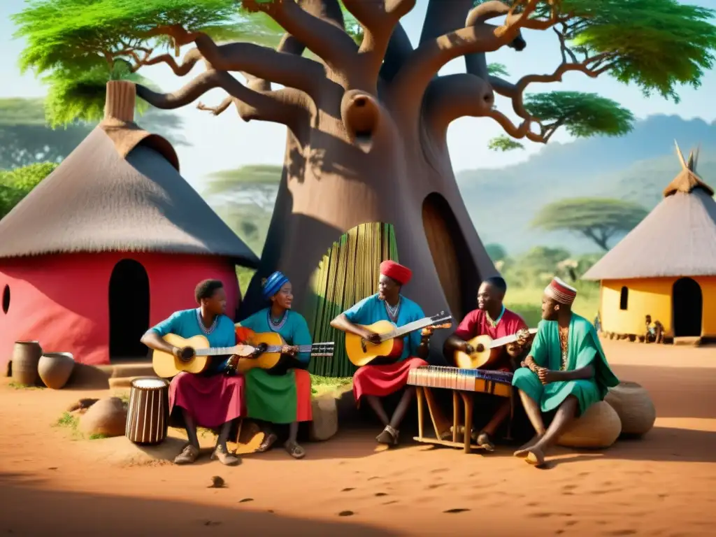 Grupo de músicos africanos tocando la kalimba bajo un árbol, rodeados de naturaleza y coloridos atuendos tradicionales