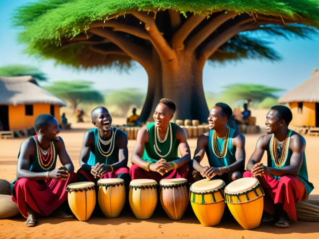 Un grupo de músicos africanos toca el balafón bajo un árbol