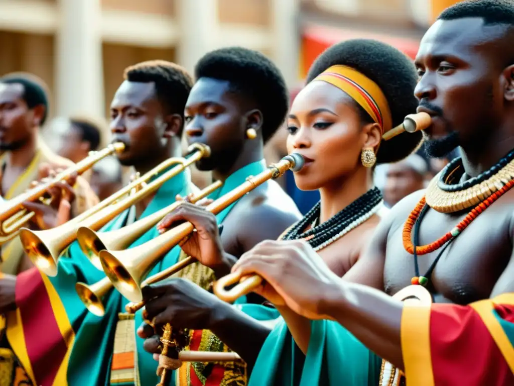 Grupo de músicos africanos vistiendo atuendos tradicionales, tocando los Kakaki durante una ceremonia real