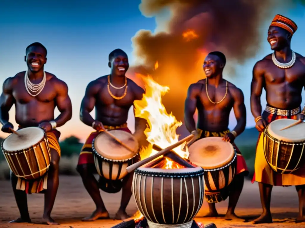 Grupo de músicos africanos tocan el djembé alrededor de una fogata