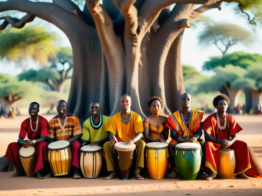 Un grupo de músicos africanos toca el djembé bajo un baobab, capturando el significado cultural del djembé africano en una escena vibrante y cálida