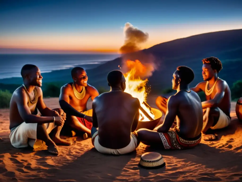 Grupo de músicos africanos tocando el djembé alrededor de una fogata bajo el cielo nocturno