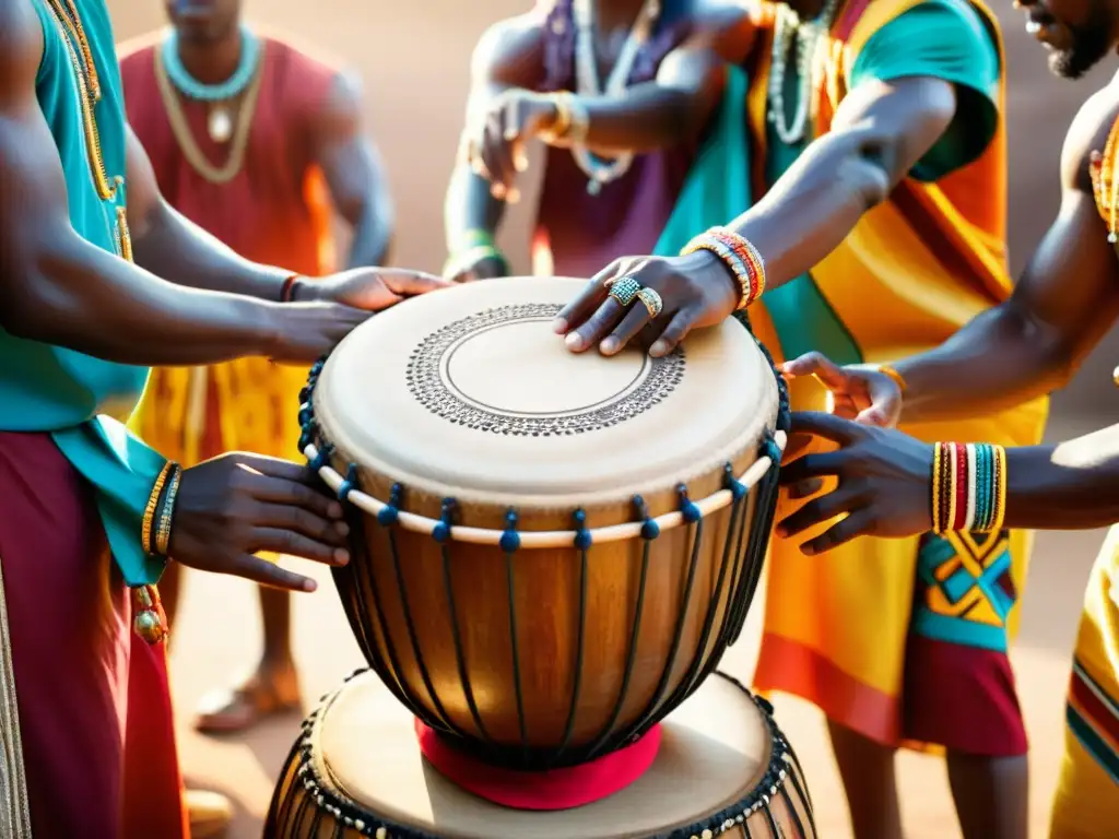 Un grupo de músicos africanos toca un djembé con intensidad, vistiendo coloridos trajes tradicionales bajo la cálida luz del sol