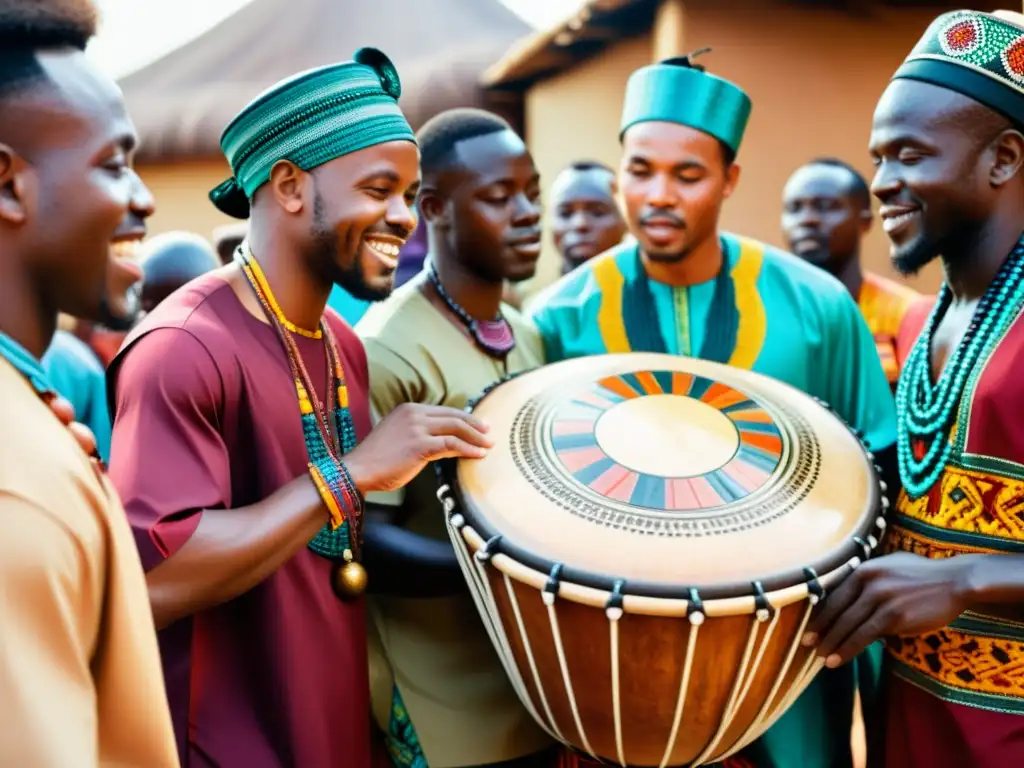 Un grupo de músicos africanos toca un Djembé en medio de la energía de un mercado africano