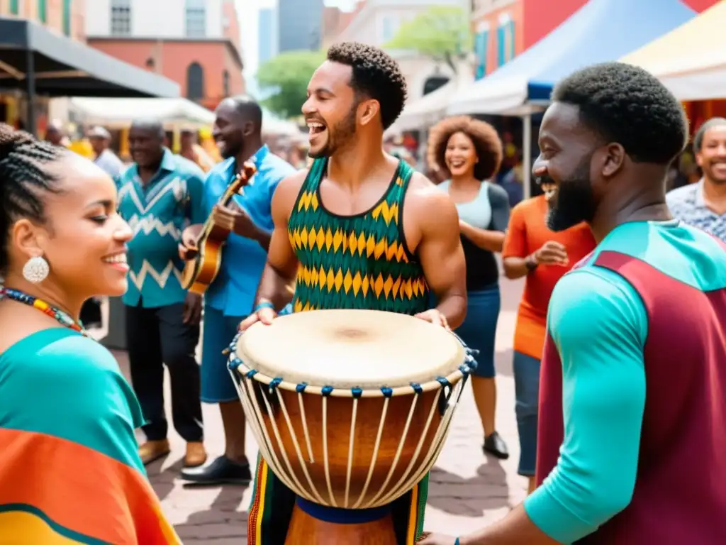 Un grupo de músicos africanos y afro-latinoamericanos tocan el djembé en un mercado vibrante, rodeados de colores y energía cultural