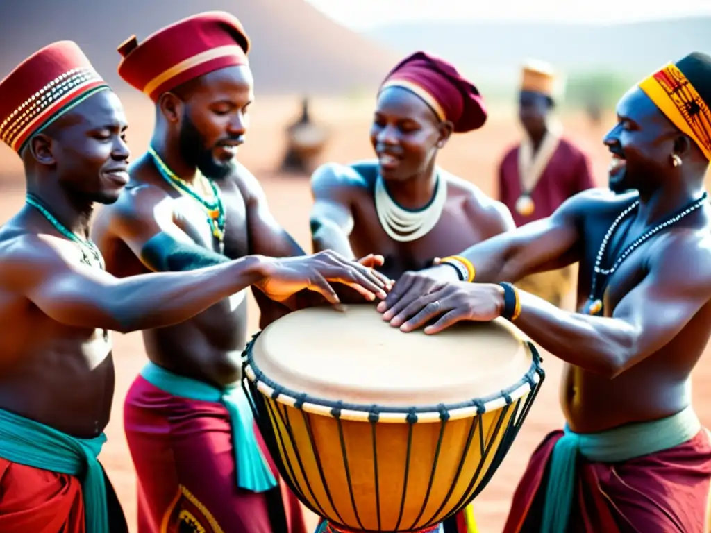 Un grupo de músicos africanos tocando djembes con pasión y enfoque, vistiendo coloridos atuendos tradicionales