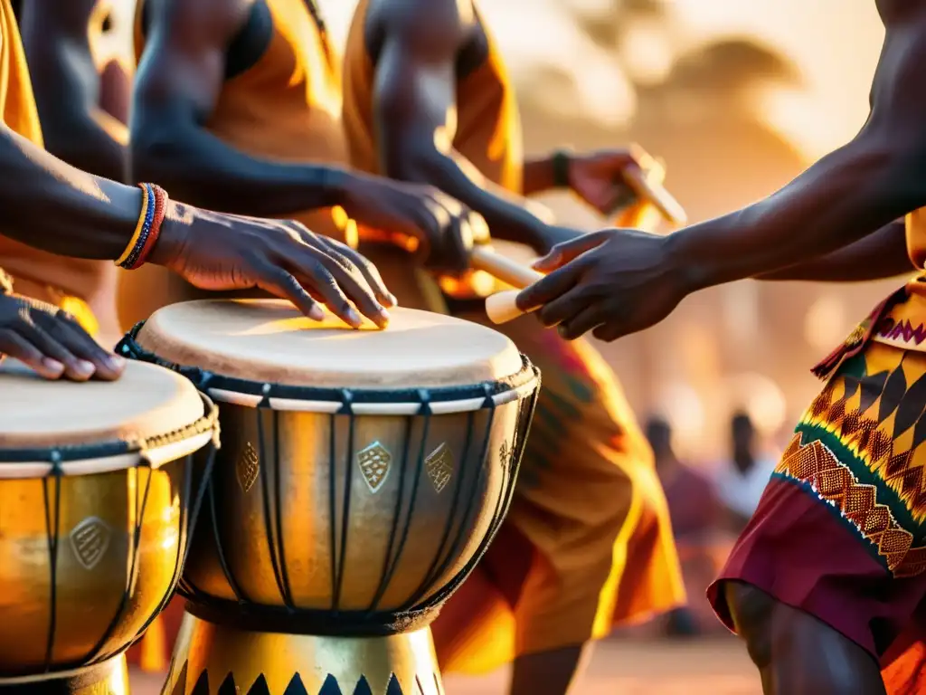 Un grupo de músicos africanos tocan djembés bajo el cálido atardecer, transmitiendo la energía y tradición del origen y evolución del djembé