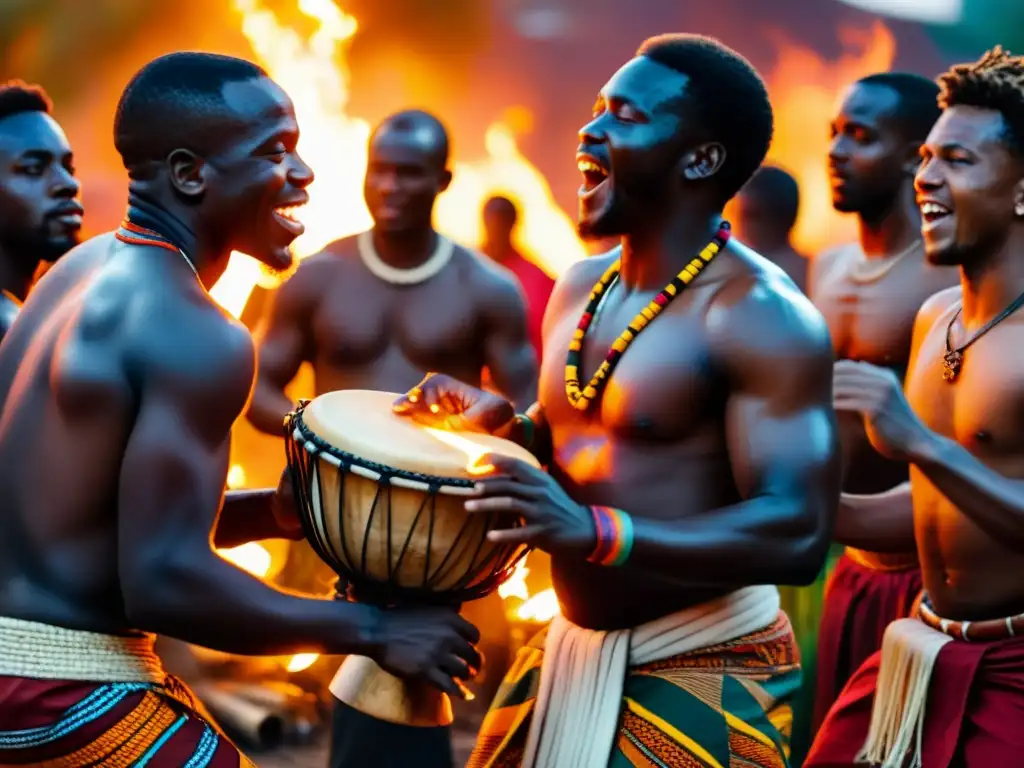 Un grupo de músicos africanos toca Djembés alrededor de una fogata, destacando la intensidad de su conexión espiritual con la música y la cultura