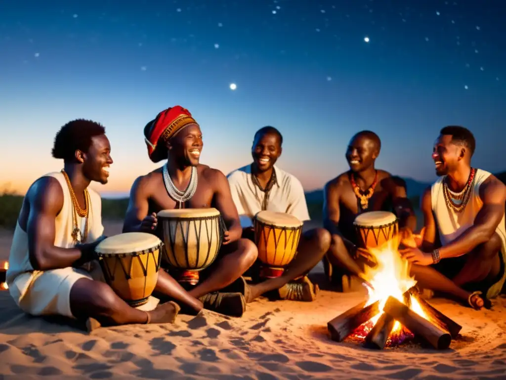 Un grupo de músicos africanos toca djembes alrededor de una fogata bajo el cielo nocturno