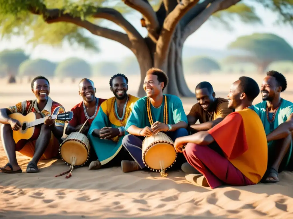 Un grupo de músicos africanos tocando instrumentos tradicionales bajo un árbol