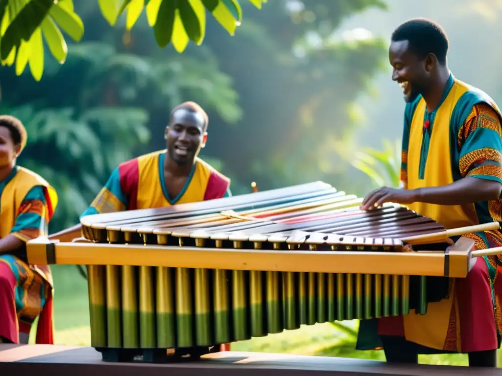 Grupo de músicos africanos tocando una marimba durante una festividad cultural