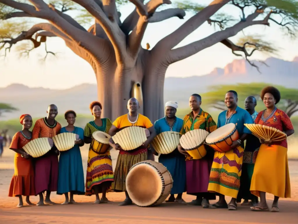 Un grupo de músicos africanos toca la marimba bajo un baobab