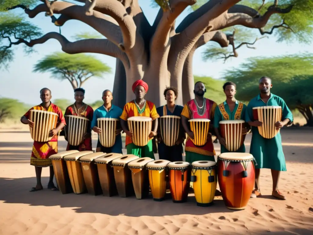 Un grupo de músicos africanos toca la marimba bajo un baobab, reflejando los orígenes culturales de la marimba africana