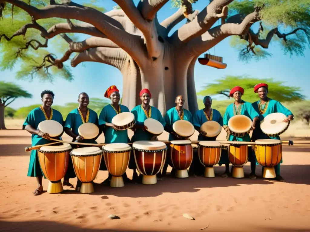 Un grupo de músicos africanos toca marimbas y xilófonos bajo un baobab, irradiando origen y construcción de marimbas africanas