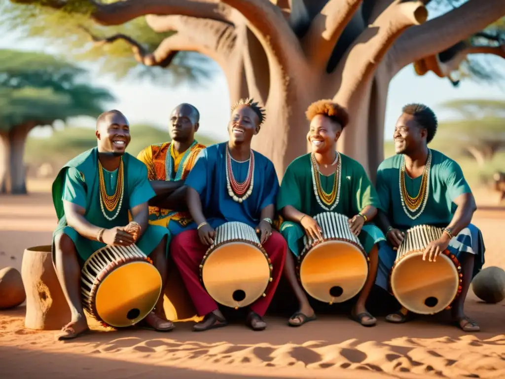 Grupo de músicos africanos tocando el mbira bajo un baobab