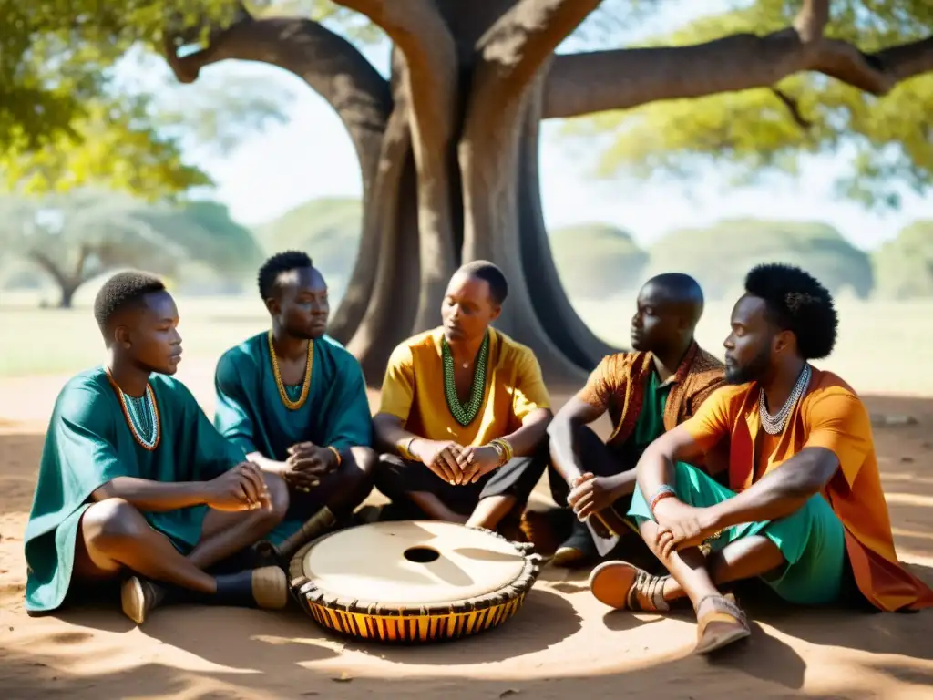 Un grupo de músicos africanos toca el mbira bajo un árbol, vistiendo trajes tradicionales