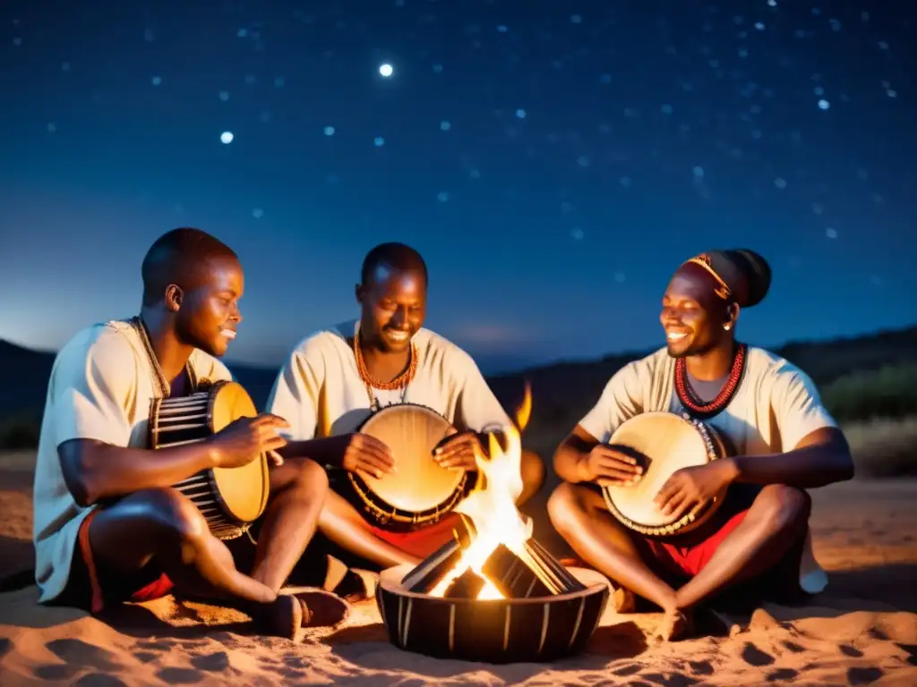 Un grupo de músicos africanos tocan el Mbira alrededor de una fogata bajo un cielo estrellado, capturando el significado cultural del Mbira africano