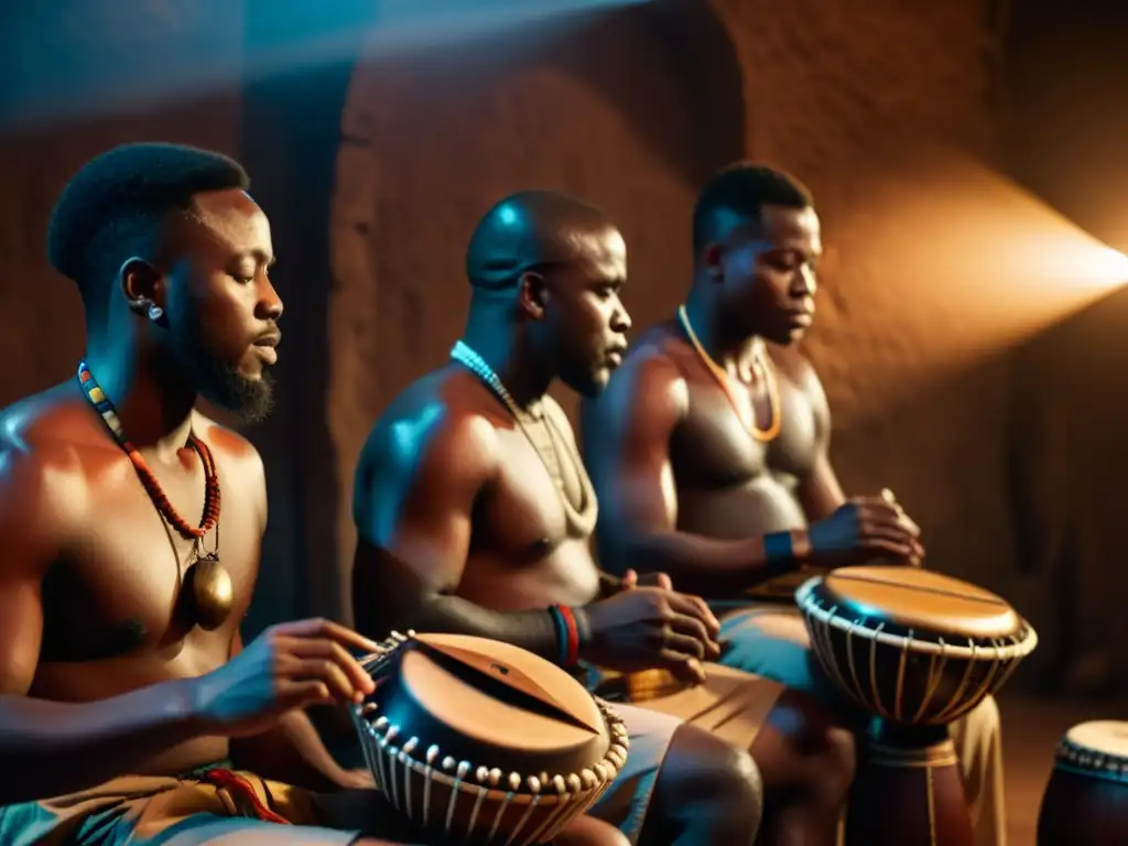 Grupo de músicos africanos tocando el mbira en un ambiente atmosférico