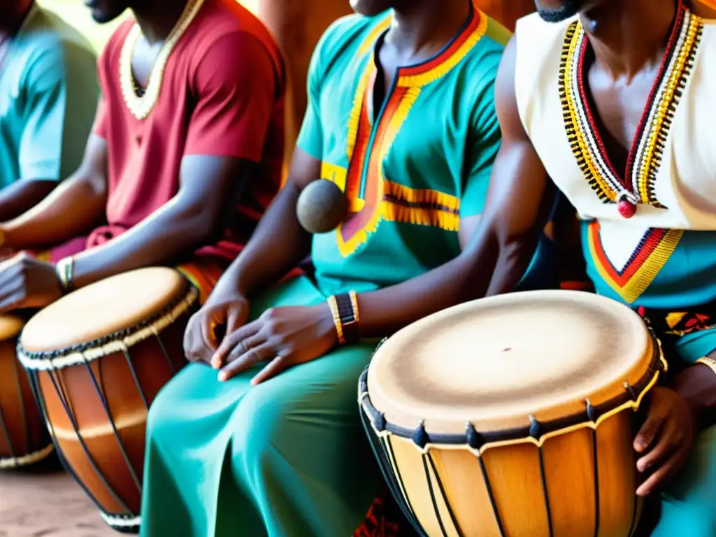 Un grupo de músicos africanos tocan tambores tradicionales, rodeados de una audiencia diversa, en un mercado al aire libre