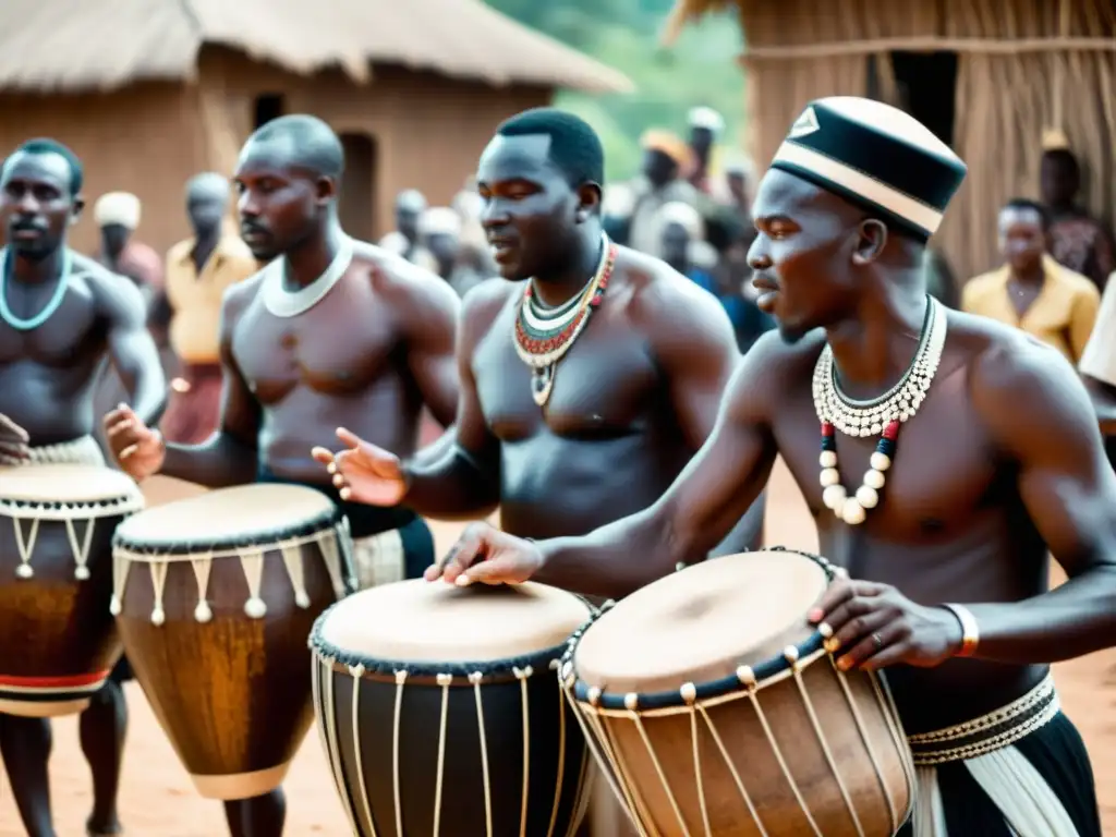 Grupo de músicos africanos tocando tambores en una aldea, con detalles intrincados