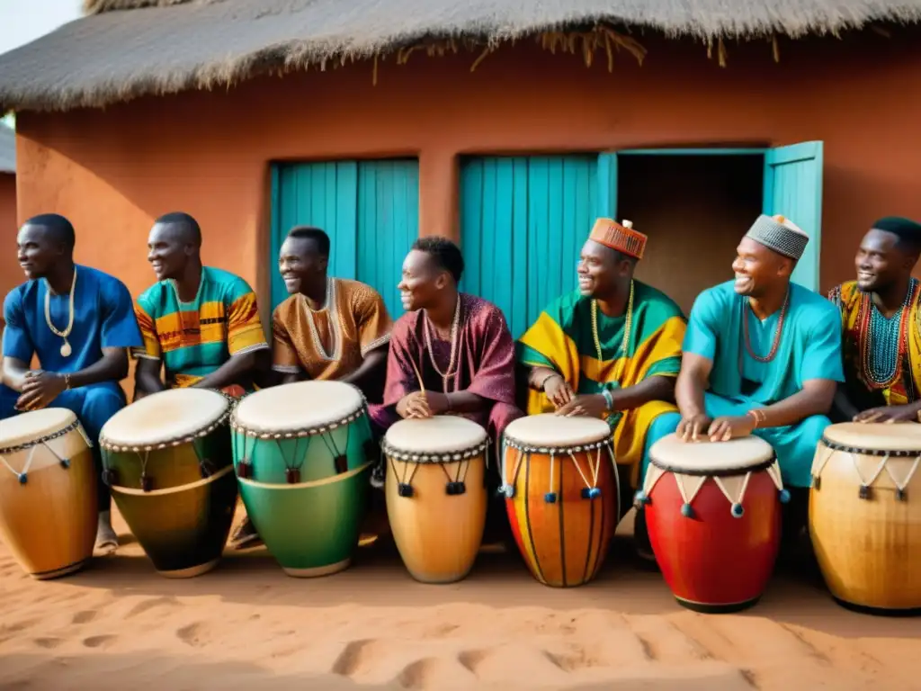 Grupo de músicos africanos tocando tambores ashiko en un pueblo tradicional